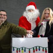 Peebles Christmas Lights Switch on event.The Switch on  Paul Spence, Father Chrstmas and Rachel Sykes.