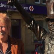 Borders MSP Christine Grahame with the Coulter's Candy statue in Galashiels