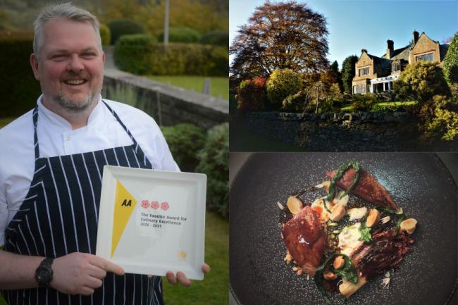 Windlestraw chef Stuart Waterston with the restaurant's third AA Rosette award. Also pictured: the restaurant exterior, and one of Mr Waterston's creations