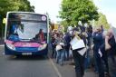 Protestors greeted a 102 bus at West Linton last week