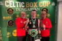 Gala boxer Jack Grieve with coaches Jim Doris and Jim Dow Photo Celtic Box Cup Facebook