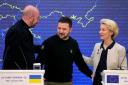 Ukrainian president Volodymyr Zelensky speaks with European Council president Charles Michel and European Commission president Ursula von der Leyen (Efrem Lukatsky/AP)