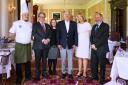 (from left) Head Chef Iain Gourlay, Cringletie Owner Bill Cross, Manager Victoria Palmer, His Serene Highness Prince Albert II of Monaco, Owner Ann Cross and Maitre d’hotel Hubert Laforge
