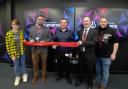 (L-R) Courtney Ferguson (student), Dale Clancy (Head of sector for business, computing, core skills, esol & creative industries), James Hood (CEO for Esports Scotland), Pete Smith (college principal) and James Brown (student)