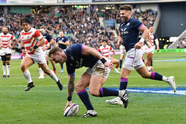 Scotland's Stuart Hogg (centre) scores his second try of the game during the Autumn International match at the BT Murrayfield Stadium, Edinburgh. Picture date: Saturday November 20, 2021. PA Photo.