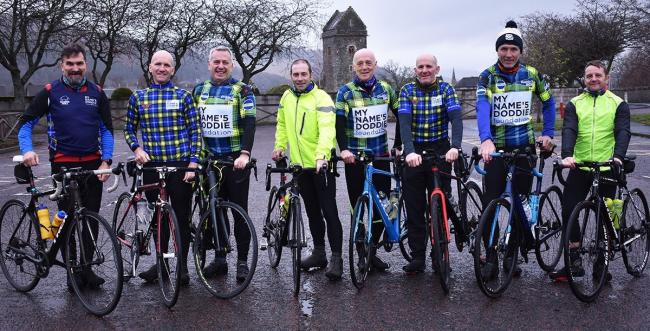The Cycling Souters prepare to leave Peebles on last Tuesday’s training ride. From left – Iwan Tukalo, Tommy Knox, David Anderson, Allen Jamieson, Gordon Hunter, Kevin Fairbairn, Graham Marshall and Kenny Pearce.  [Photo – JOHN SMAIL]