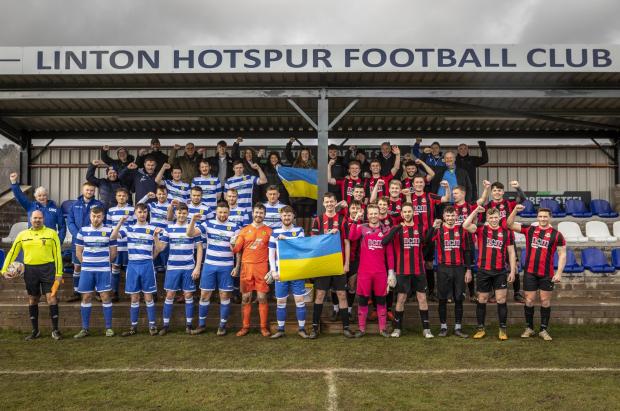 Peeblesshire News: Linton Hotspurs helped to raise money for Ukraine during their match against North Berwick FC. Photo: Terry O'Hare