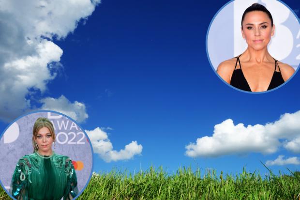 Background: Blue sky with clouds. Credit: Canva. Circles: (bottom left) Becky Hill and (top right) Mel C. Credit: PA.