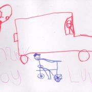 A drawing by five-year-old Findlay Leite (who lives at Skirling Mill) to say thank you. It shows him riding his bike, with a 40mph sign and a lorry. Photo: Skirling Community Council