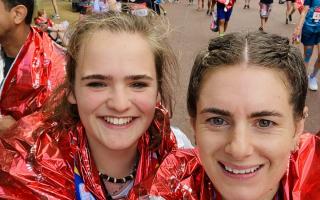 Fiona, right, and her cousin Lucy Balharrie at the finish line