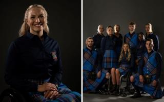 Borders wheechair athlete Sammi Kinghorn and fellow athletes wearing the parade outfit designed for the Commonwealth Games. Photo: MBP Ltd for Team Scotland