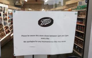 The notice advising of the lunchtime closure at Peebles' Boots