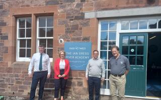 (left-to-right) Jamie Stewart (Clerk to the RTC and Director of the RTF), Rachael Hamilton MSP and Peter Straker-Smith (Chairman of the RTC and RTF) outside of the Ian Gregg Tweed Academy.